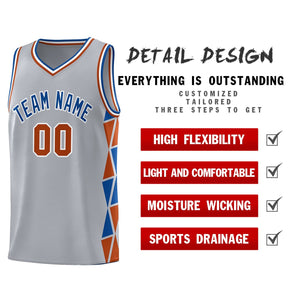 Custom Gray Royal-Texas Orange Side Two-Color Triangle Splicing Sports Uniform Basketball Jersey