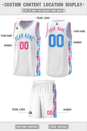 Custom White Pink-Powder Blue Side Two-Color Triangle Splicing Sports Uniform Basketball Jersey