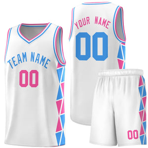 Custom White Pink-Powder Blue Side Two-Color Triangle Splicing Sports Uniform Basketball Jersey