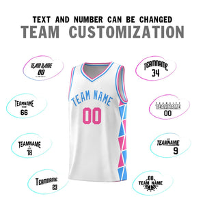 Custom White Pink-Powder Blue Side Two-Color Triangle Splicing Sports Uniform Basketball Jersey