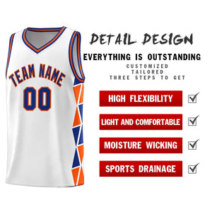 Custom White Royal-Orange Side Two-Color Triangle Splicing Sports Uniform Basketball Jersey