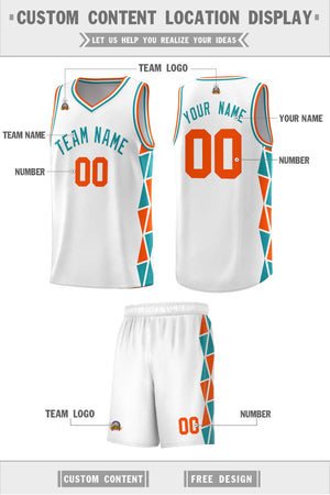 Custom White Orange-Aqua Side Two-Color Triangle Splicing Sports Uniform Basketball Jersey