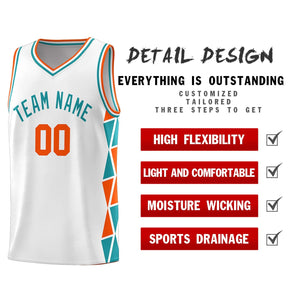 Custom White Orange-Aqua Side Two-Color Triangle Splicing Sports Uniform Basketball Jersey