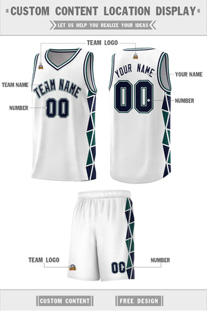 Custom White Navy-Midnight Green Side Two-Color Triangle Splicing Sports Uniform Basketball Jersey