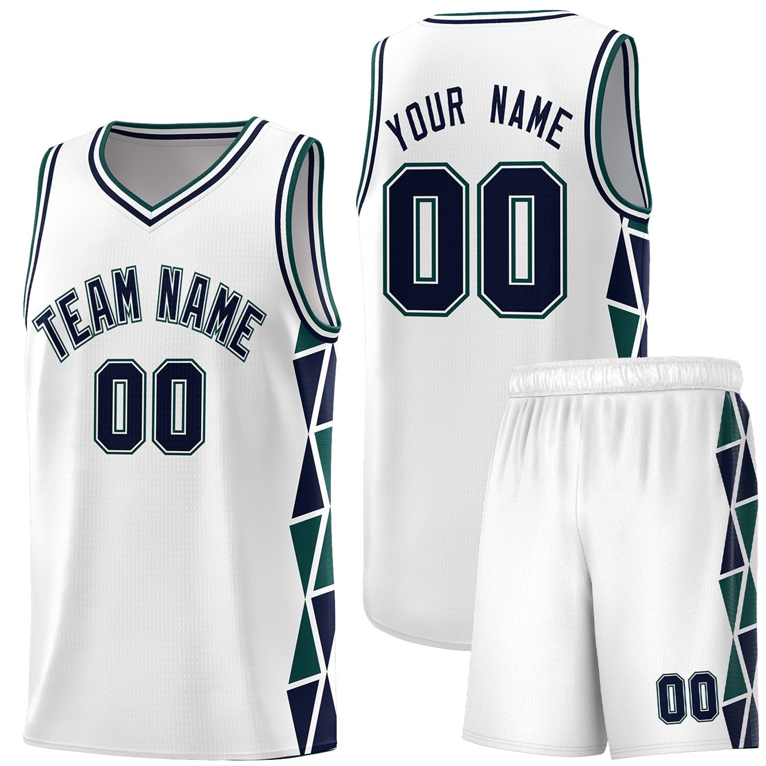 Custom White Navy-Midnight Green Side Two-Color Triangle Splicing Sports Uniform Basketball Jersey