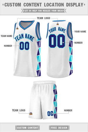 Custom White Violet-Sky Blue Side Two-Color Triangle Splicing Sports Uniform Basketball Jersey