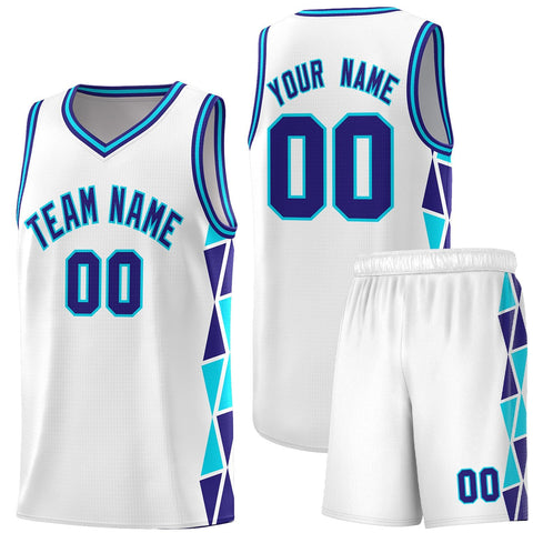 Custom White Violet-Sky Blue Side Two-Color Triangle Splicing Sports Uniform Basketball Jersey
