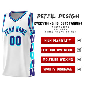 Custom White Violet-Sky Blue Side Two-Color Triangle Splicing Sports Uniform Basketball Jersey