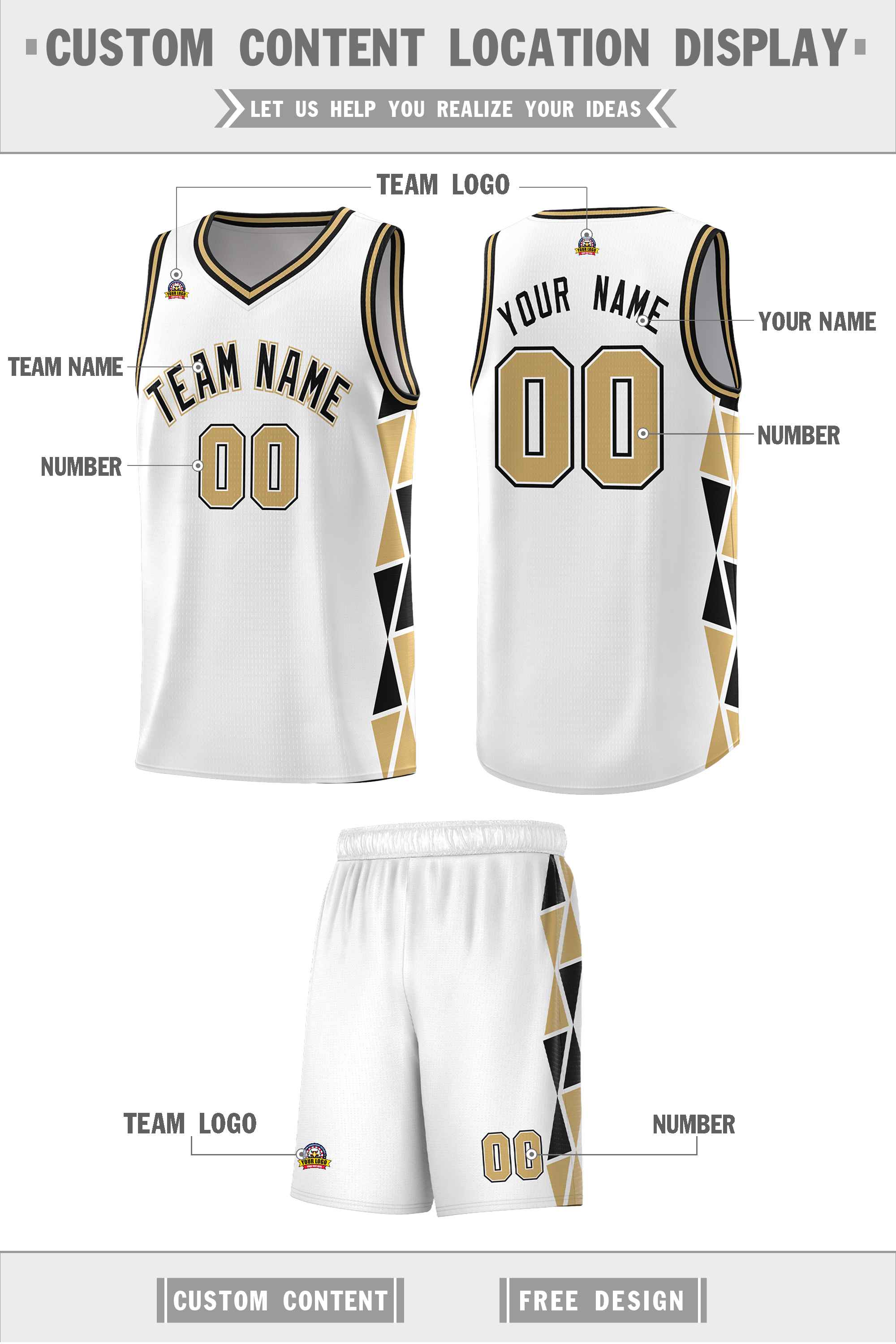 Custom White Black-Old Gold Side Two-Color Triangle Splicing Sports Uniform Basketball Jersey