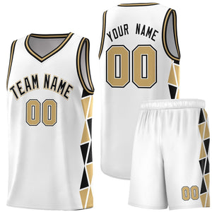 Custom White Black-Old Gold Side Two-Color Triangle Splicing Sports Uniform Basketball Jersey