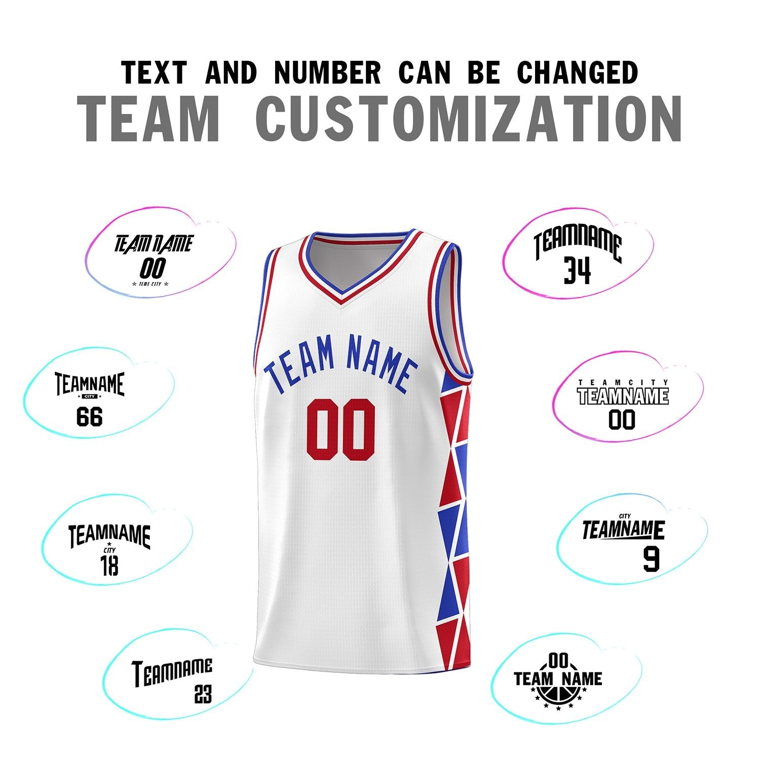 Custom White Royal-Red Side Two-Color Triangle Splicing Sports Uniform Basketball Jersey