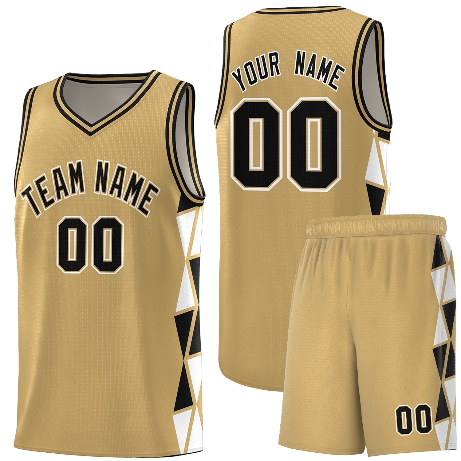 Custom Old Gold Black-White Side Two-Color Triangle Splicing Sports Uniform Basketball Jersey