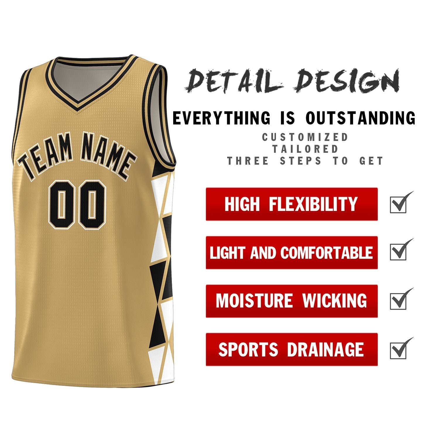 Custom Old Gold Black-White Side Two-Color Triangle Splicing Sports Uniform Basketball Jersey