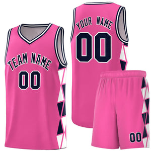 Custom Pink Navy-White Side Two-Color Triangle Splicing Sports Uniform Basketball Jersey