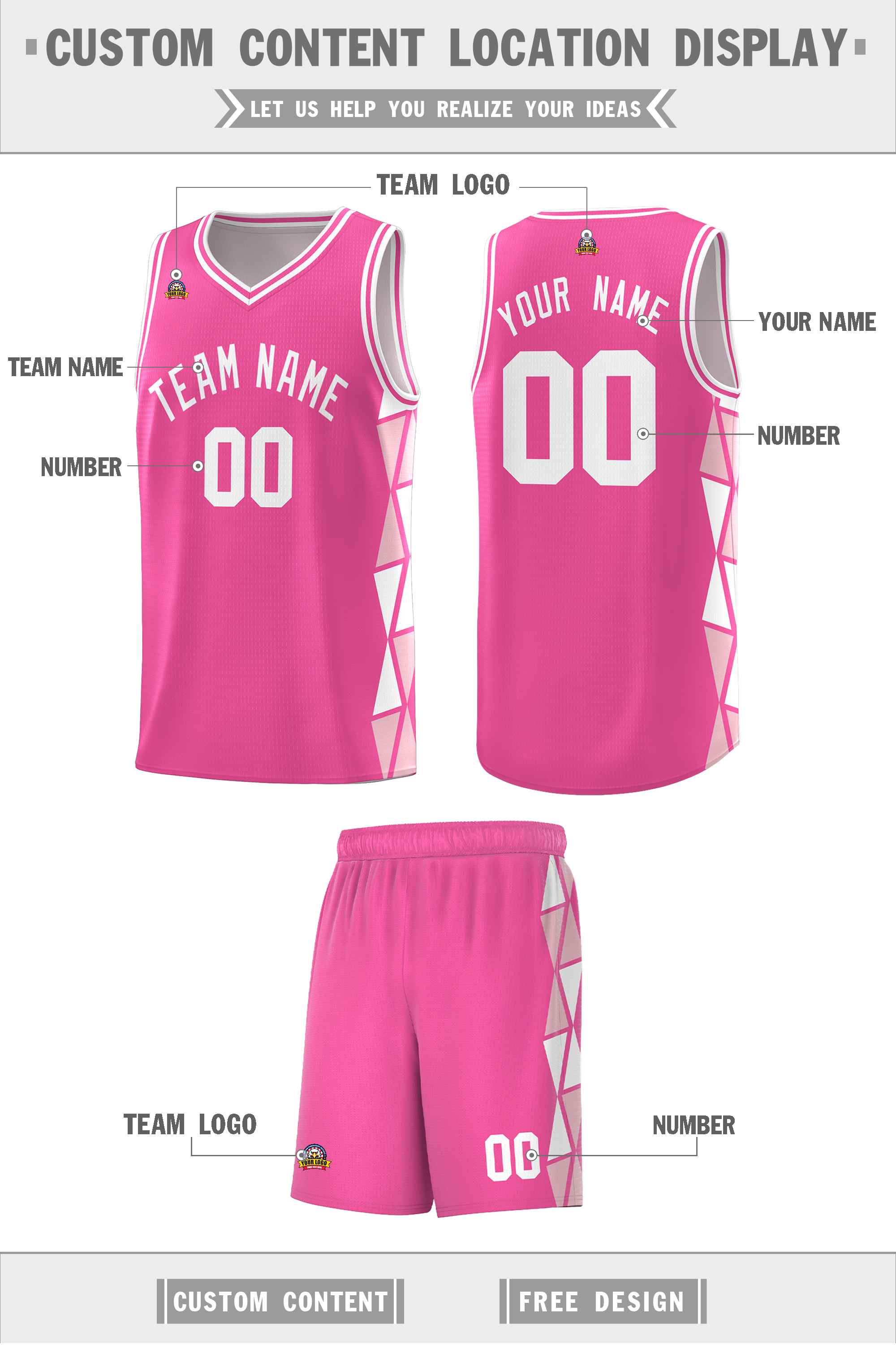 Custom Pink White-Light Pink Side Two-Color Triangle Splicing Sports Uniform Basketball Jersey