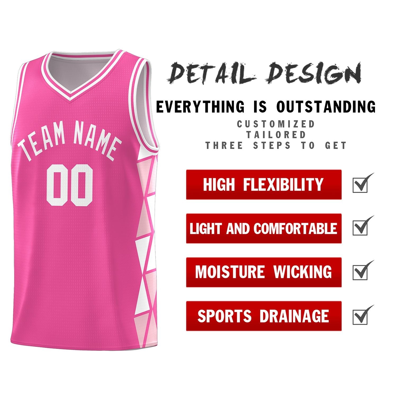 Custom Pink White-Light Pink Side Two-Color Triangle Splicing Sports Uniform Basketball Jersey