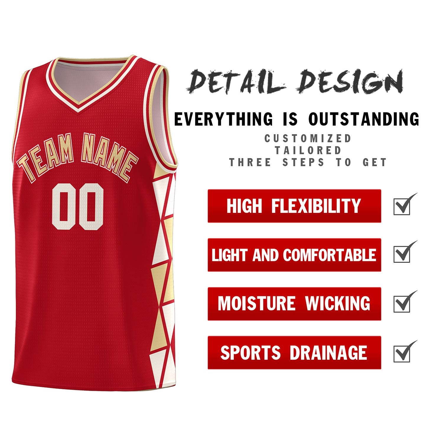 Custom Red Khaki-Cream Side Two-Color Triangle Splicing Sports Uniform Basketball Jersey