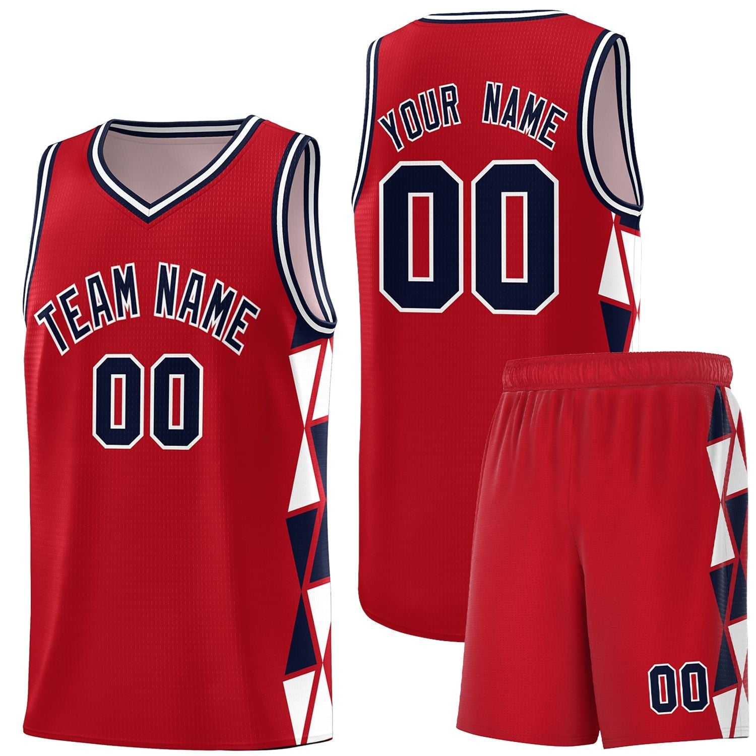 Custom Red Navy-White Side Two-Color Triangle Splicing Sports Uniform Basketball Jersey