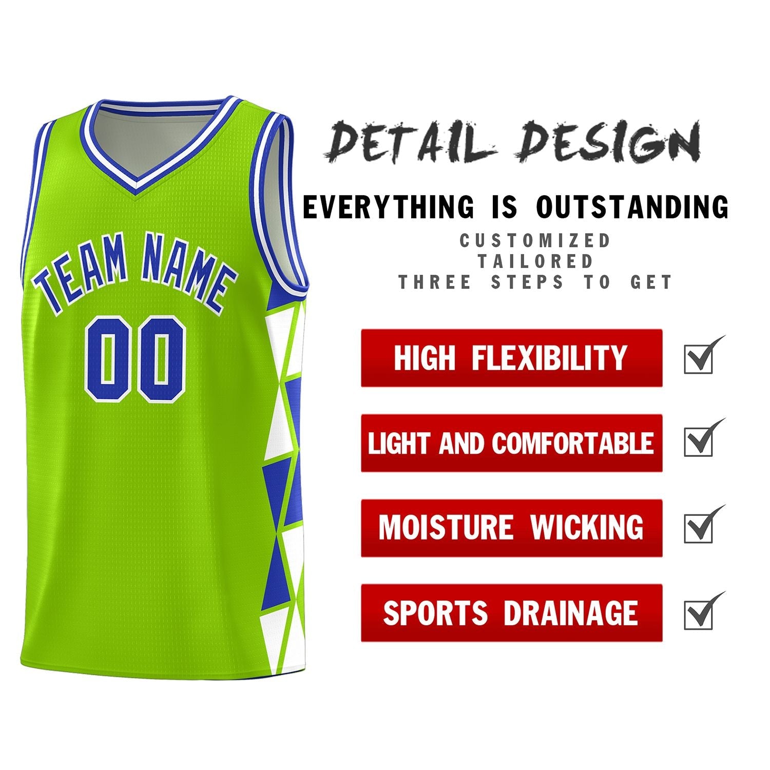 Custom Neon Green Royal-White Side Two-Color Triangle Splicing Sports Uniform Basketball Jersey