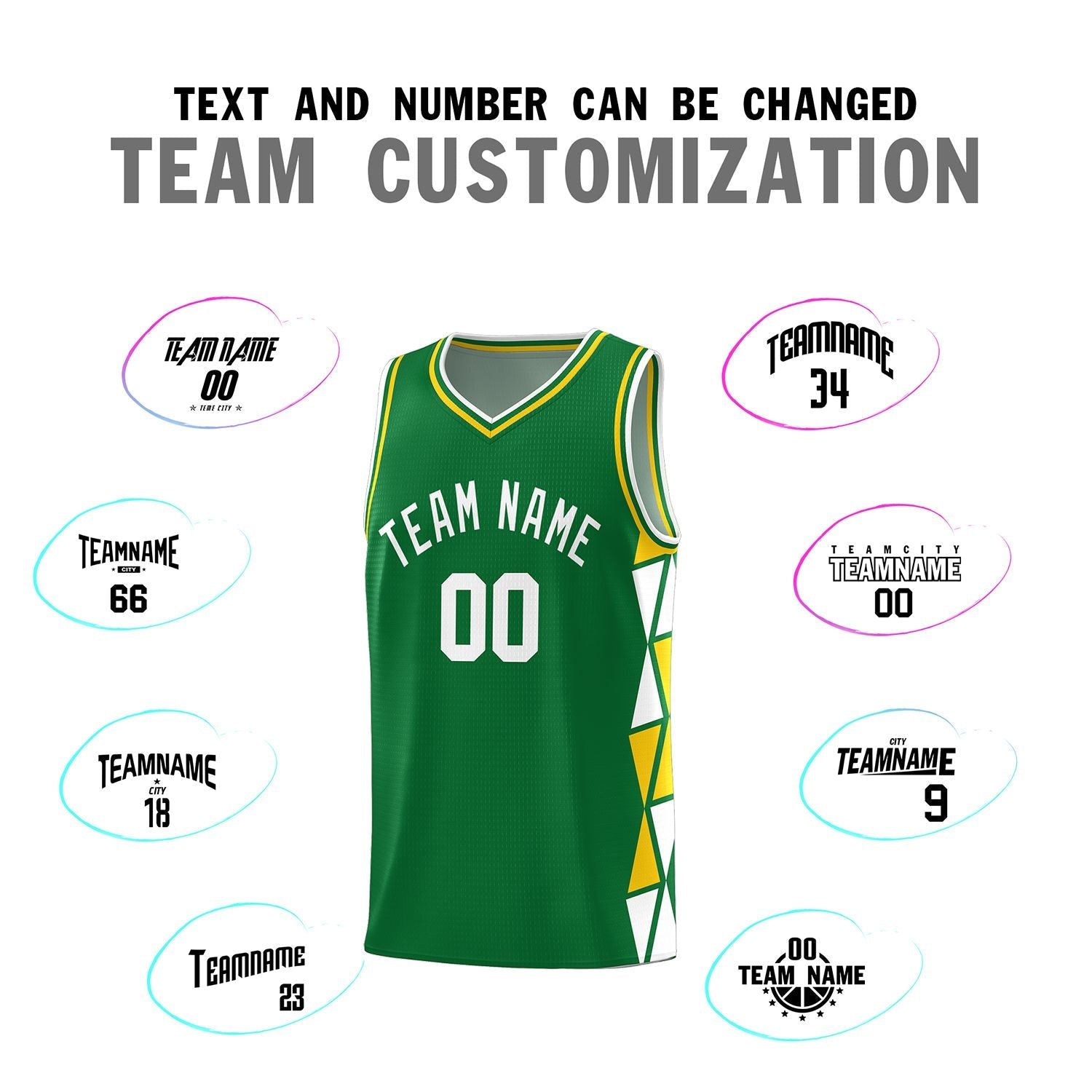 Custom Kelly Green White-Gold Side Two-Color Triangle Splicing Sports Uniform Basketball Jersey