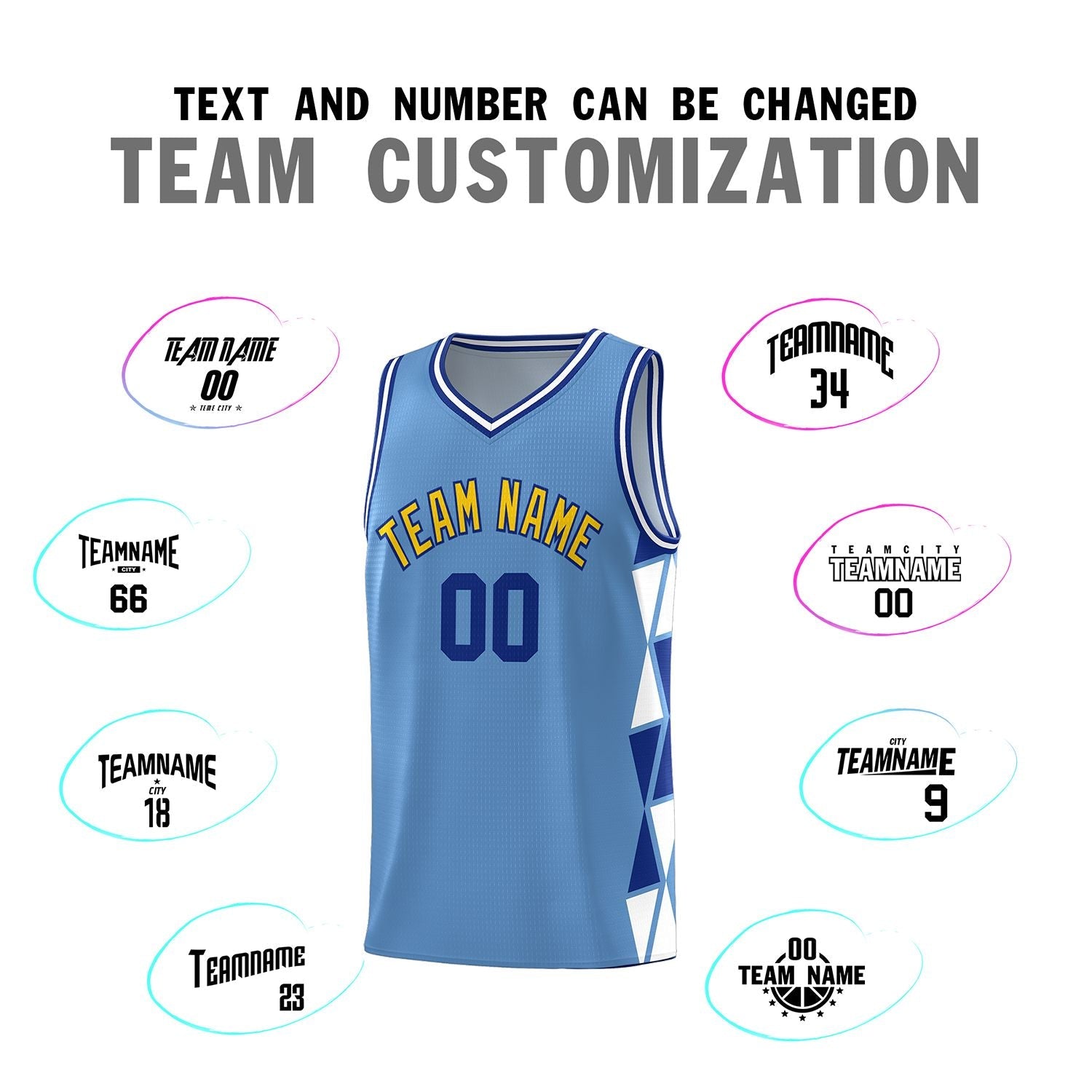 Custom Light Blue Royal-White Side Two-Color Triangle Splicing Sports Uniform Basketball Jersey