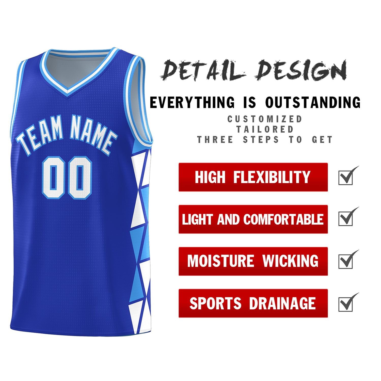 Custom Royal White-Powder Blue Side Two-Color Triangle Splicing Sports Uniform Basketball Jersey