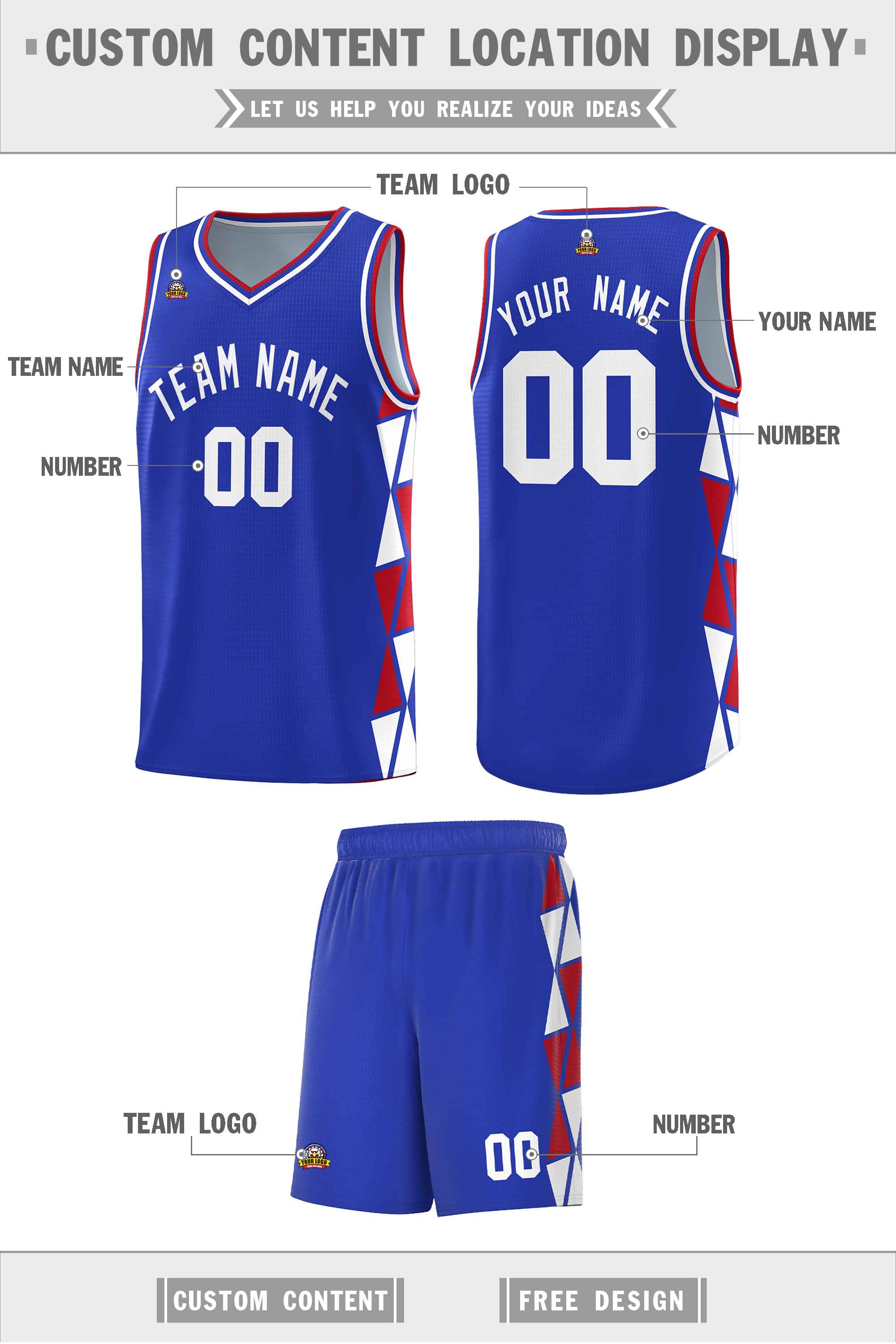 Custom Royal Red-White Side Two-Color Triangle Splicing Sports Uniform Basketball Jersey