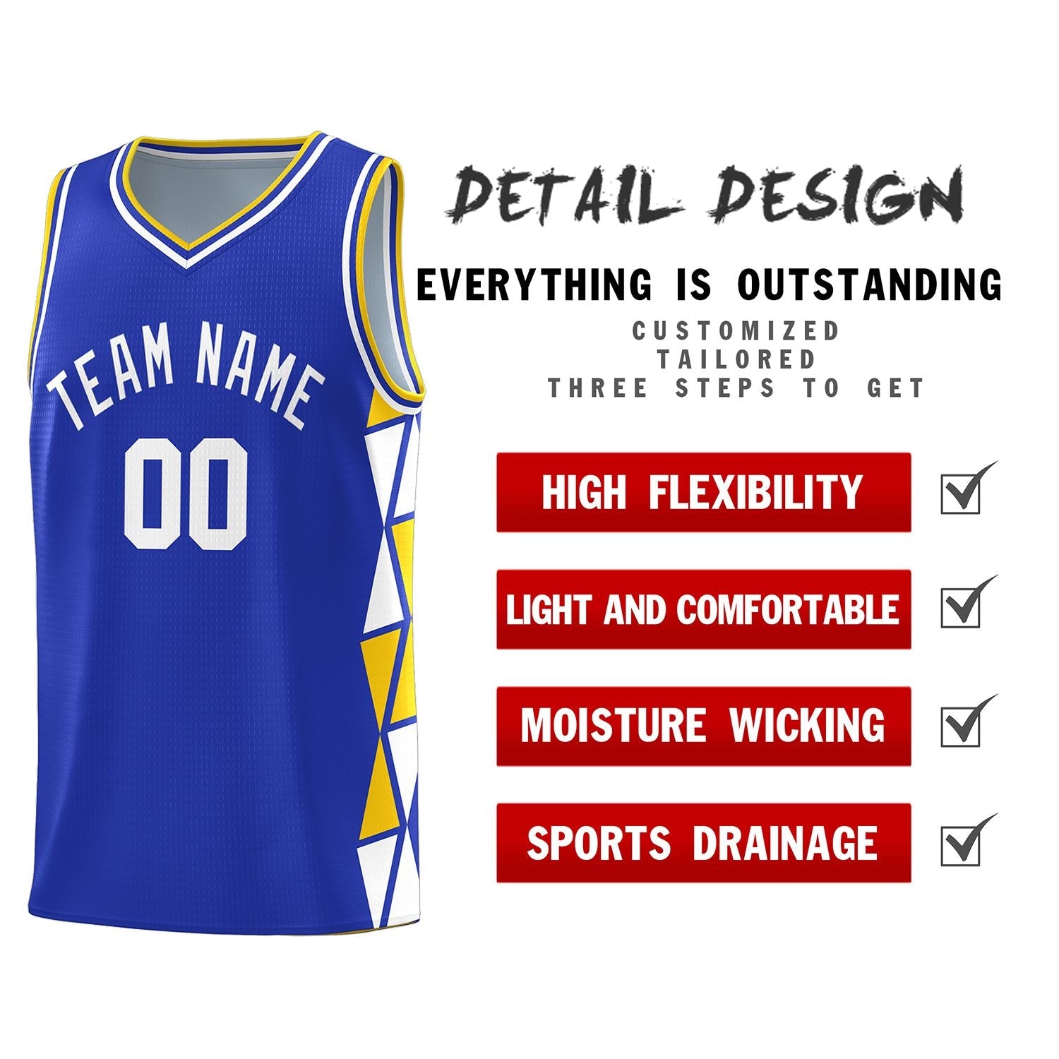 Custom Royal Gold-White Side Two-Color Triangle Splicing Sports Uniform Basketball Jersey