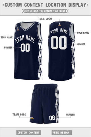 Custom Navy Gray-White Side Two-Color Triangle Splicing Sports Uniform Basketball Jersey