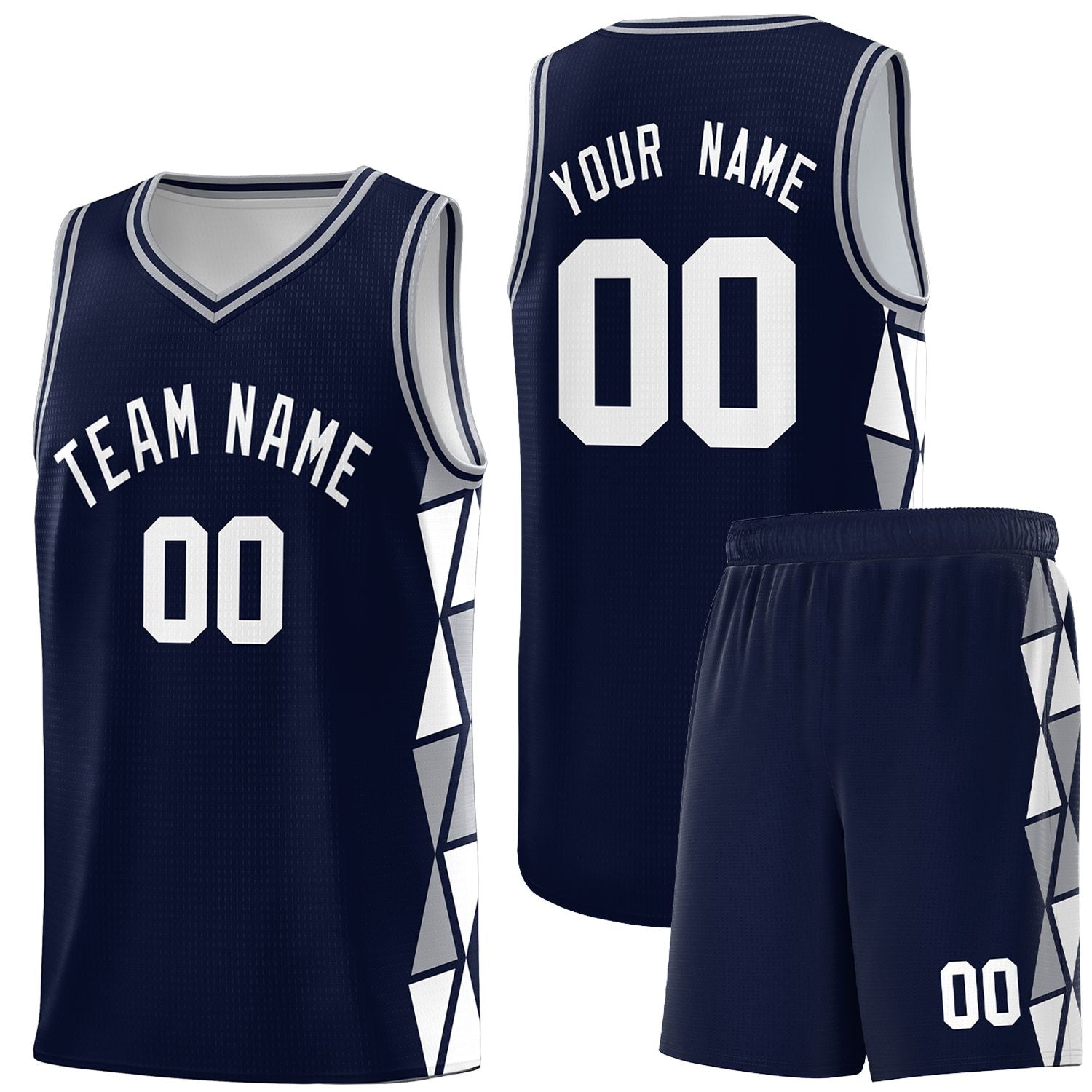 Custom Navy Gray-White Side Two-Color Triangle Splicing Sports Uniform Basketball Jersey