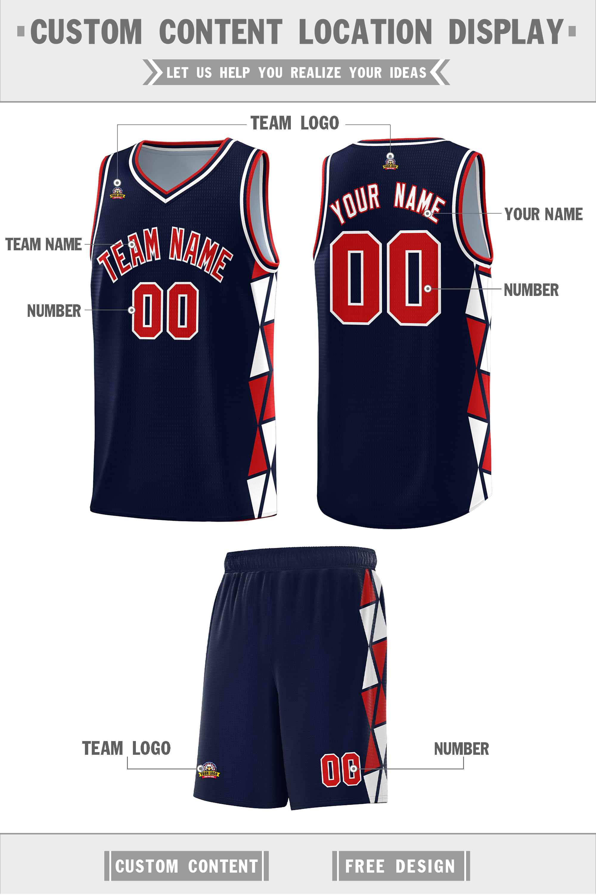 Custom Navy Red-White Side Two-Color Triangle Splicing Sports Uniform Basketball Jersey