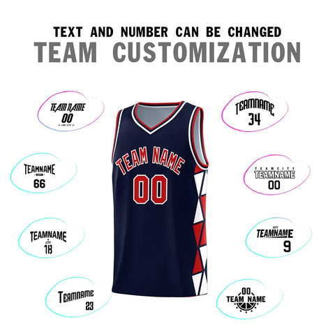 Custom Navy Red-White Side Two-Color Triangle Splicing Sports Uniform Basketball Jersey