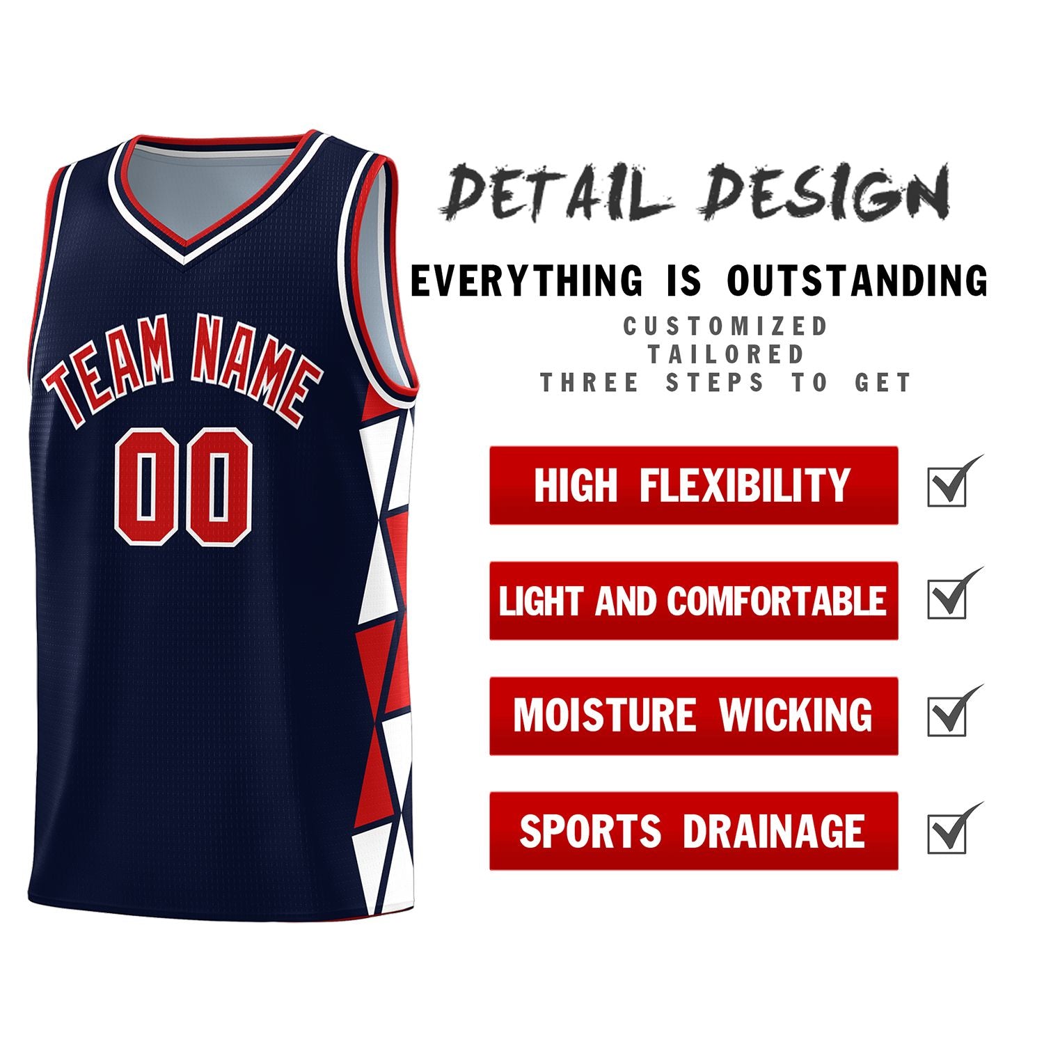 Custom Navy Red-White Side Two-Color Triangle Splicing Sports Uniform Basketball Jersey