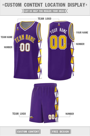 Custom Purple Gold-White Side Two-Color Triangle Splicing Sports Uniform Basketball Jersey