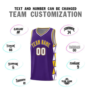 Custom Purple Gold-White Side Two-Color Triangle Splicing Sports Uniform Basketball Jersey