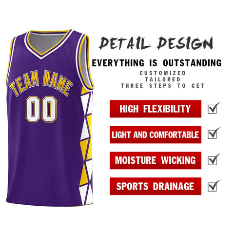Custom Purple Gold-White Side Two-Color Triangle Splicing Sports Uniform Basketball Jersey