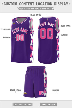 Custom Purple Pink-White Side Two-Color Triangle Splicing Sports Uniform Basketball Jersey