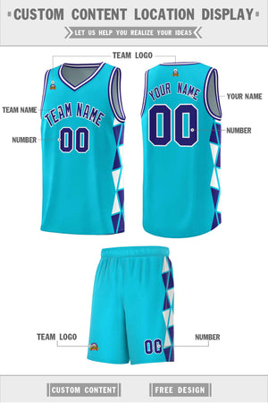 Custom Sky Blue Violet-White Side Two-Color Triangle Splicing Sports Uniform Basketball Jersey