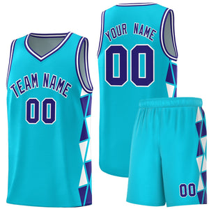 Custom Sky Blue Violet-White Side Two-Color Triangle Splicing Sports Uniform Basketball Jersey