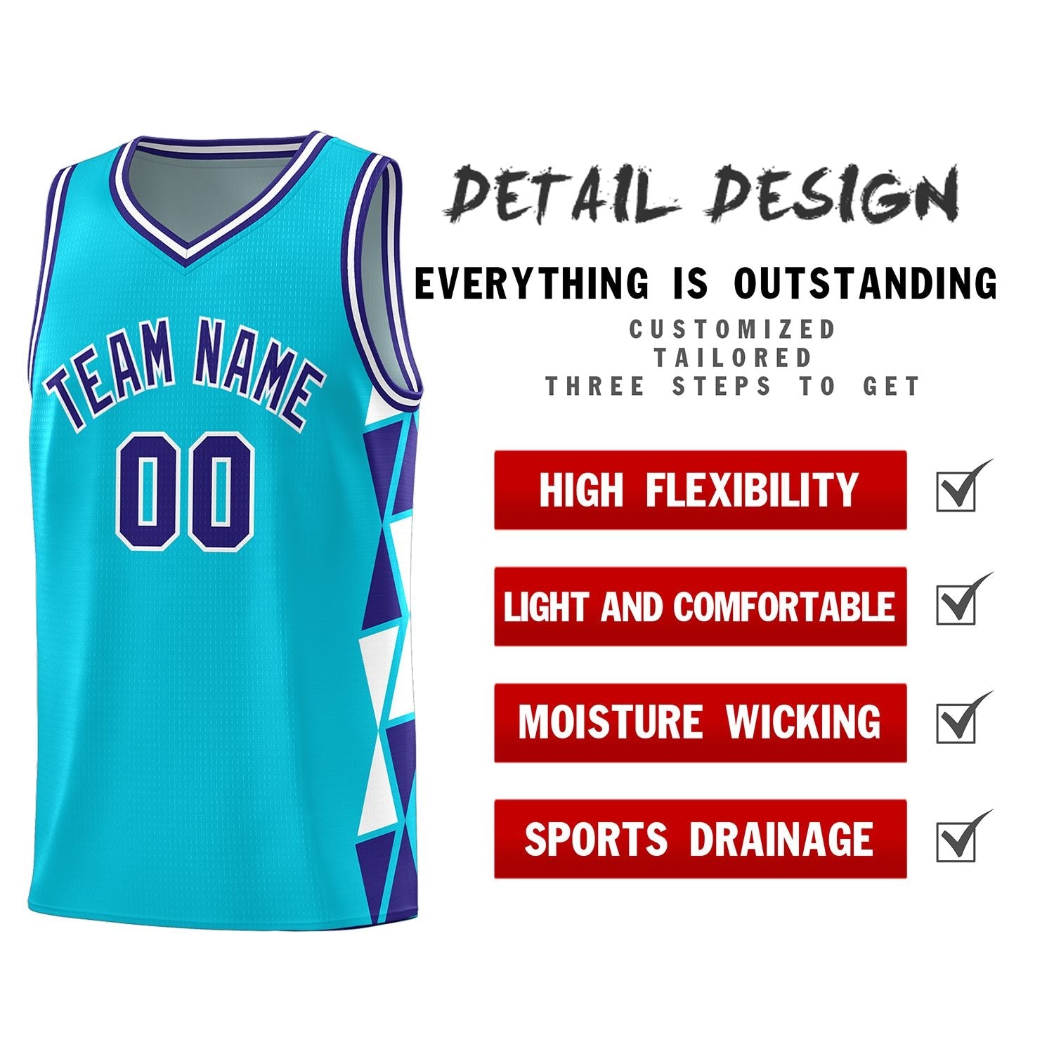 Custom Sky Blue Violet-White Side Two-Color Triangle Splicing Sports Uniform Basketball Jersey