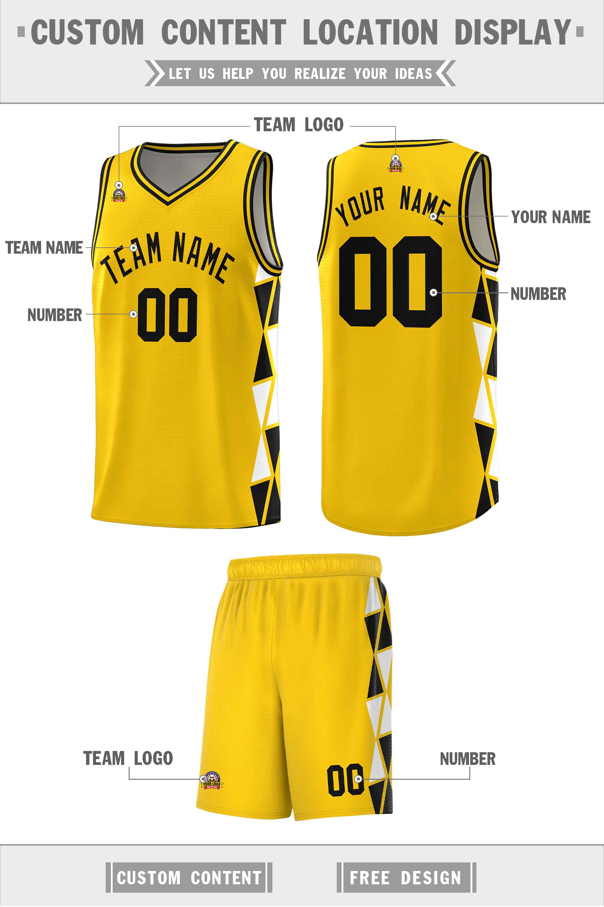 Custom Gold Black-White Side Two-Color Triangle Splicing Sports Uniform Basketball Jersey