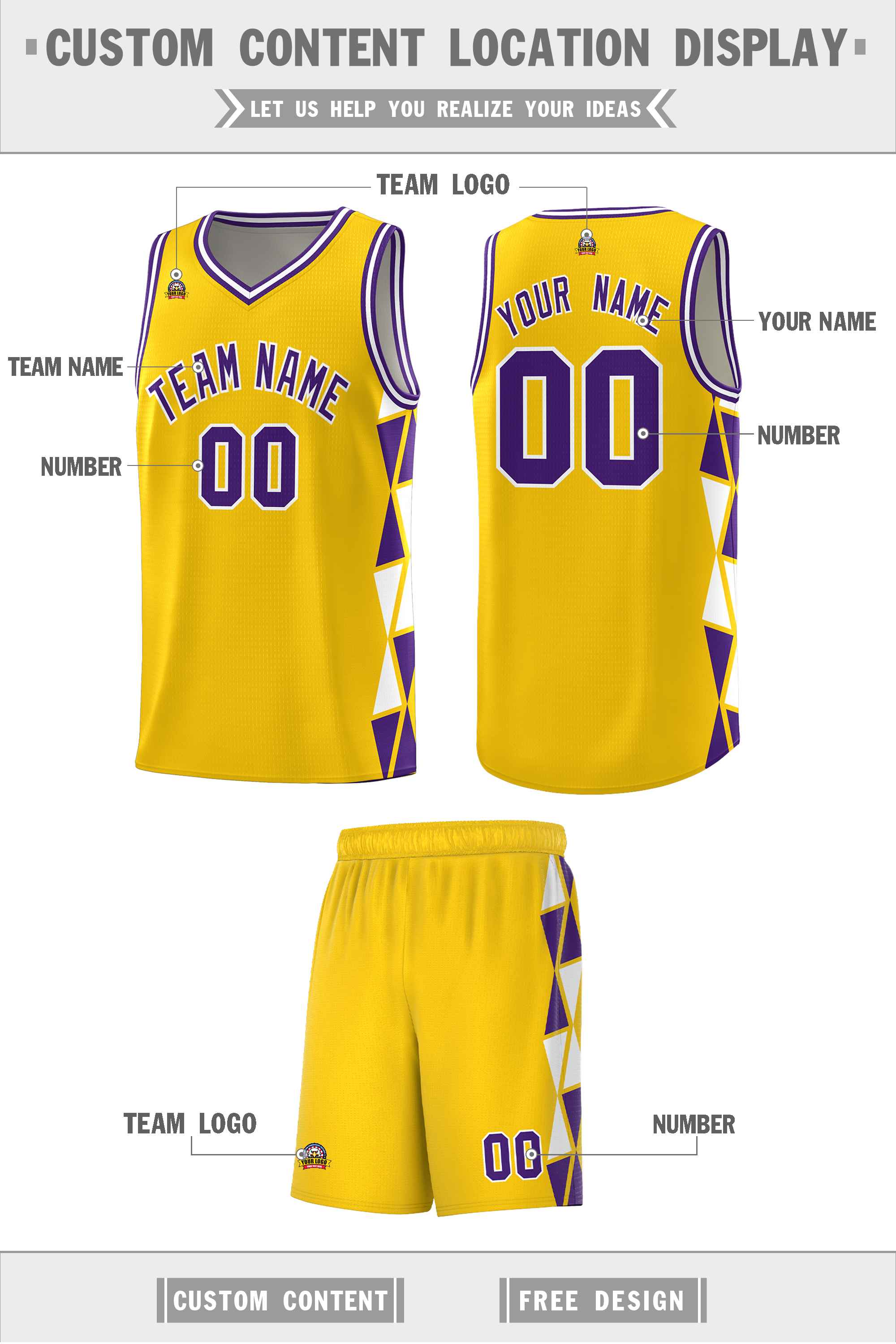 Custom Gold Purple-White Side Two-Color Triangle Splicing Sports Uniform Basketball Jersey