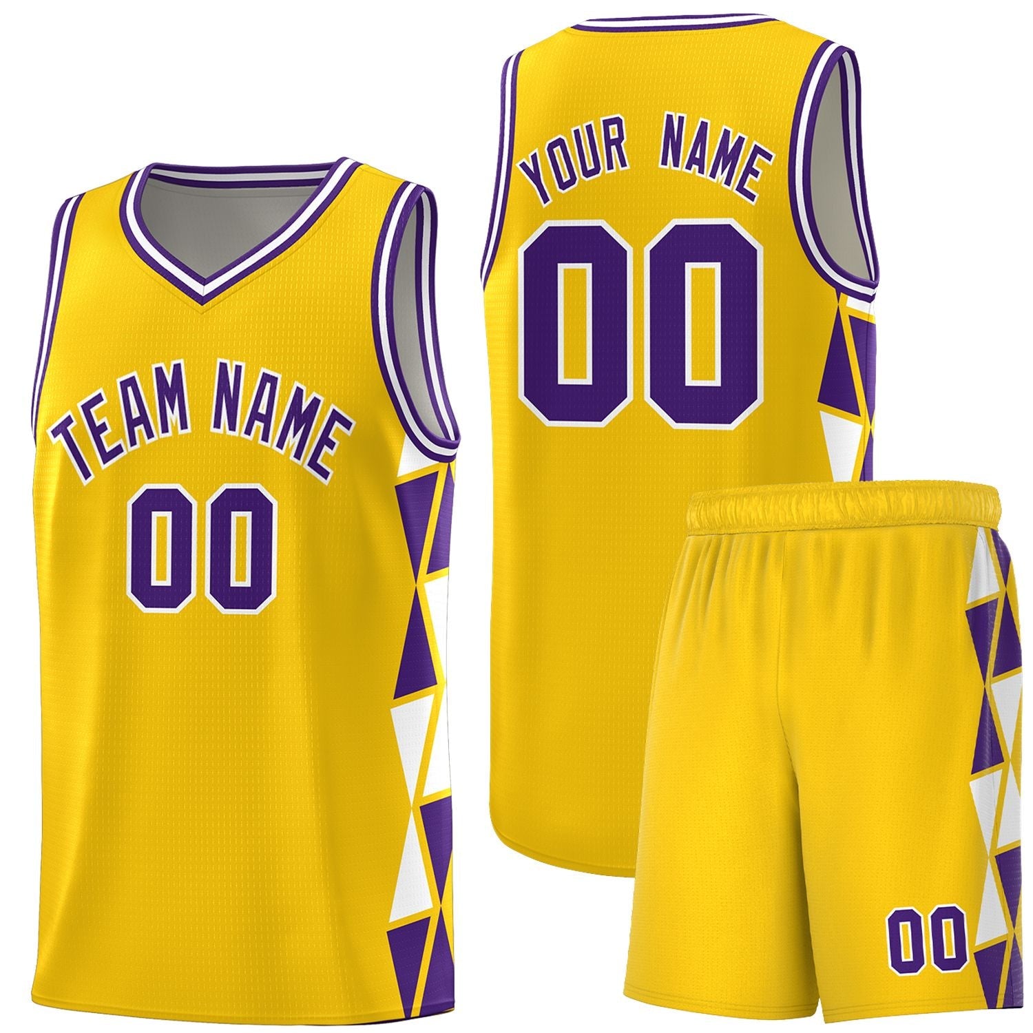 Custom Gold Purple-White Side Two-Color Triangle Splicing Sports Uniform Basketball Jersey