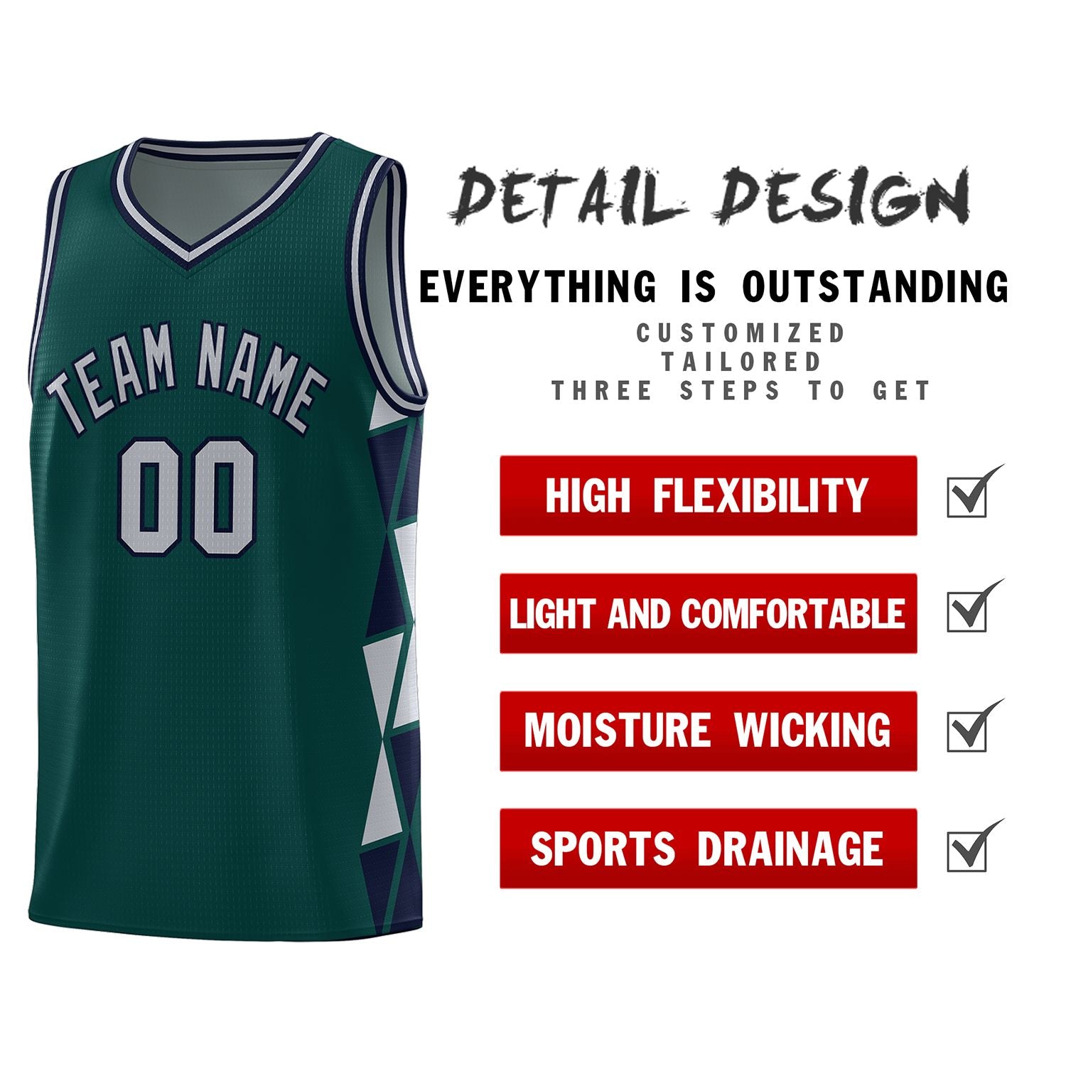 Custom Midnight Green Gray-Navy Side Two-Color Triangle Splicing Sports Uniform Basketball Jersey