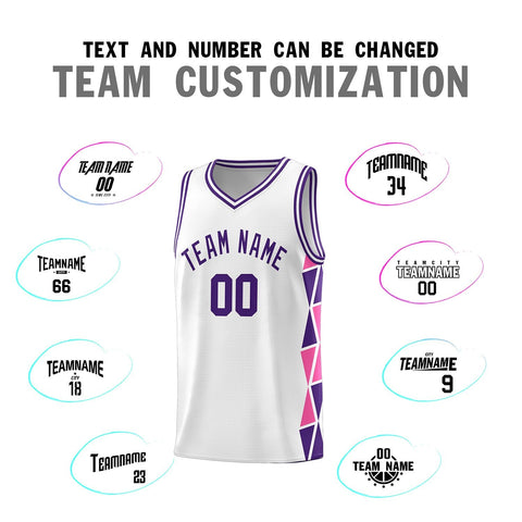 Custom White Purple-Pink Side Two-Color Triangle Splicing Sports Uniform Basketball Jersey