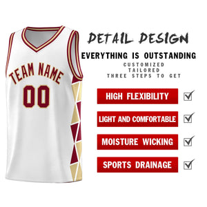 Custom White Crimson-Khaki Side Two-Color Triangle Splicing Sports Uniform Basketball Jersey