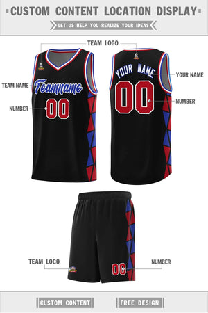 Custom Black Royal-Red Side Two-Color Triangle Splicing Sports Uniform Basketball Jersey