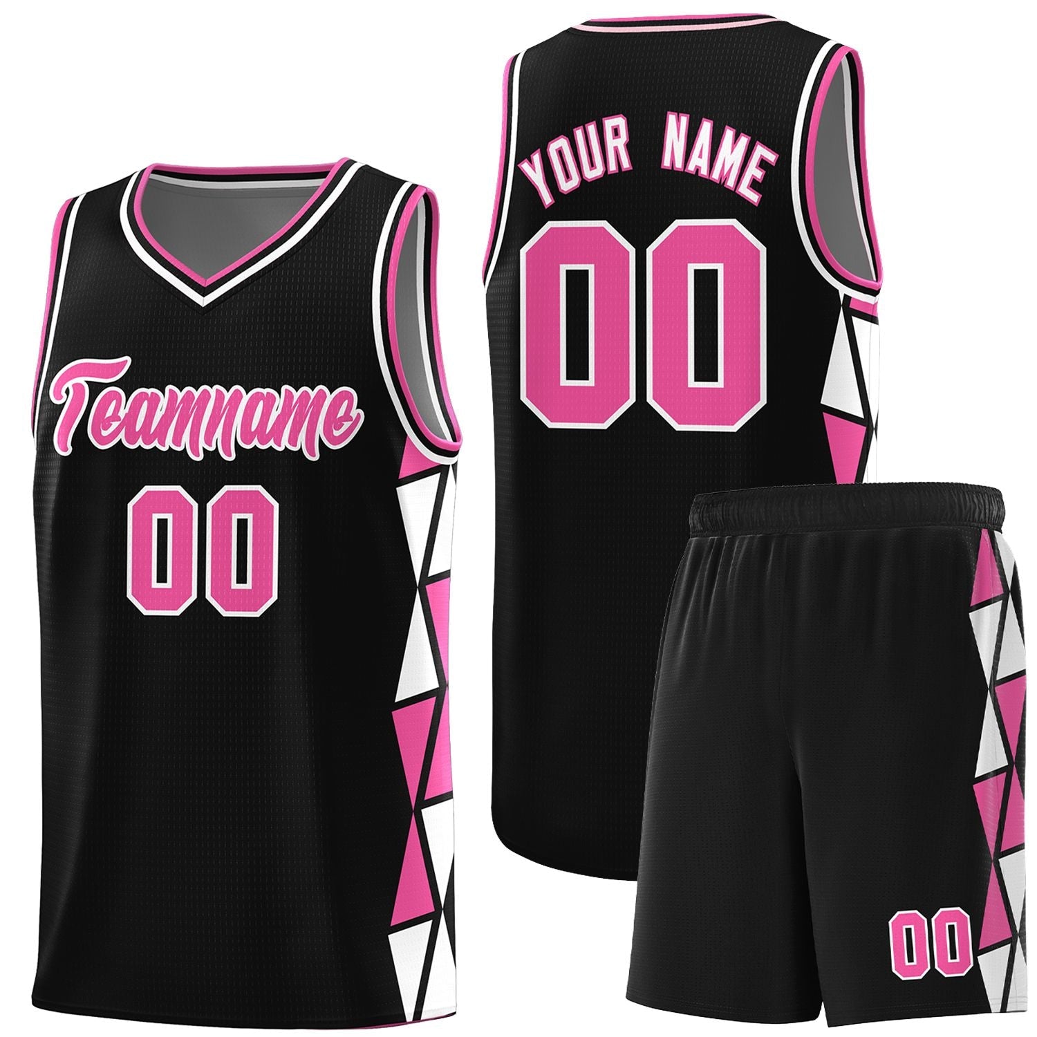 Custom Black Pink-White Side Two-Color Triangle Splicing Sports Uniform Basketball Jersey