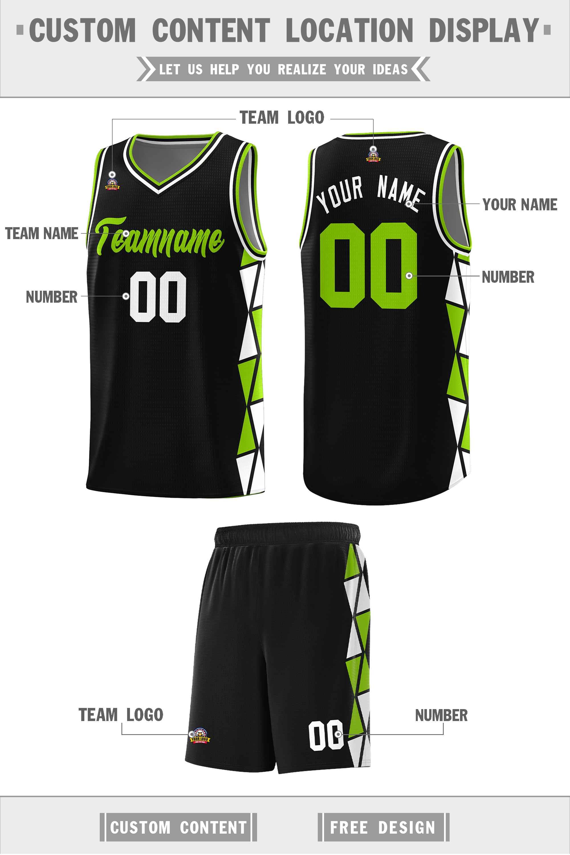 Custom Black Neon Green-White Side Two-Color Triangle Splicing Sports Uniform Basketball Jersey