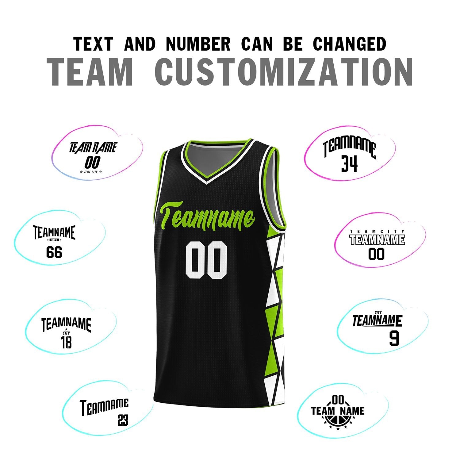 Custom Black Neon Green-White Side Two-Color Triangle Splicing Sports Uniform Basketball Jersey